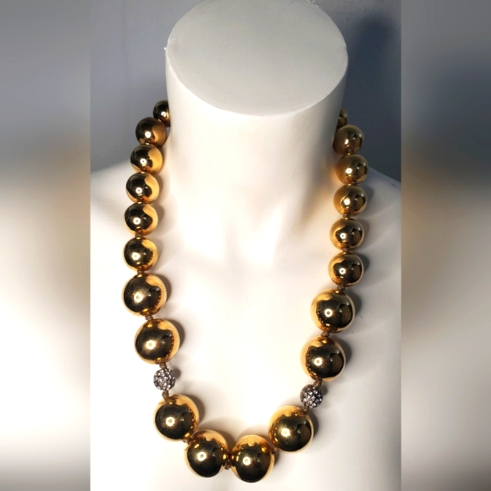 NECKLACE -large golden metal round beads and rhinestones beads